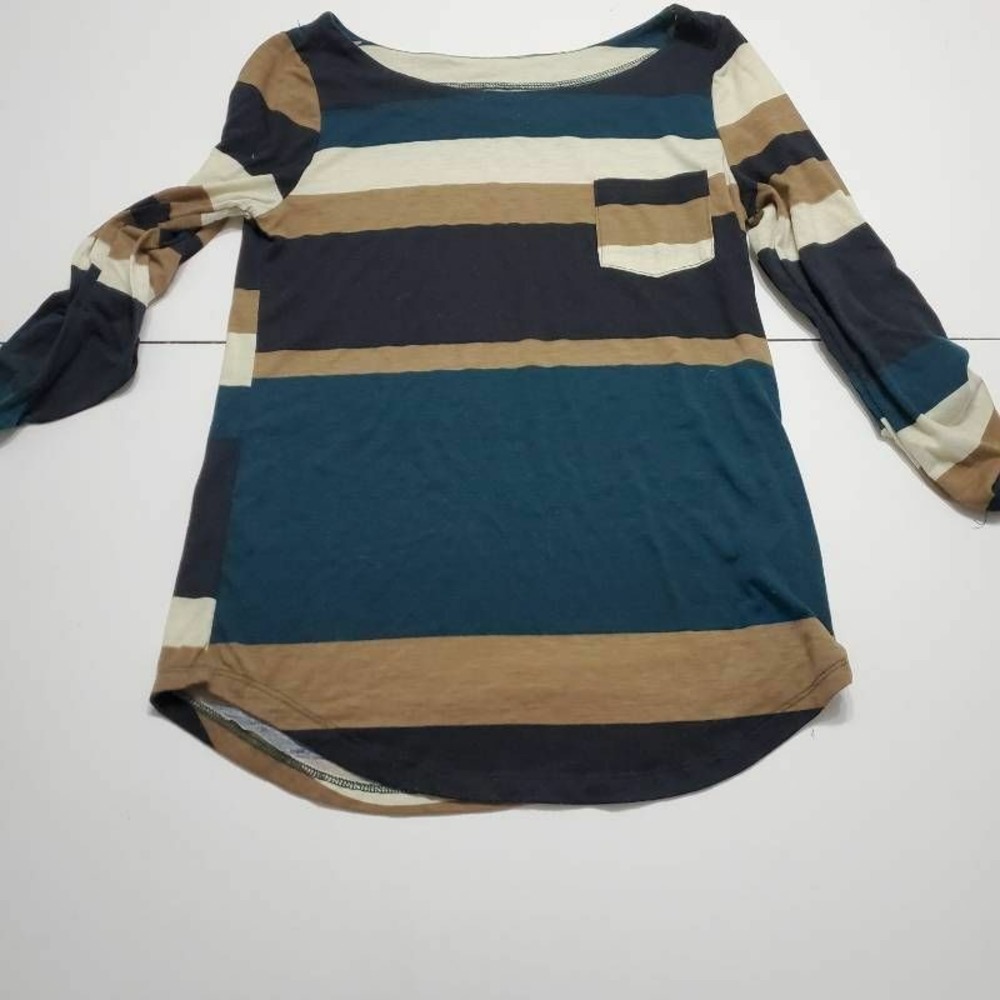 Womens T-Shirt Blue Beige Striped Long Sleeve Scoop Neck Stretch Pocket Tee S